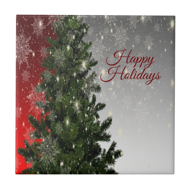 Christmas Party Green Tree Red Silver Snowflakes Ceramic Tile (Front)