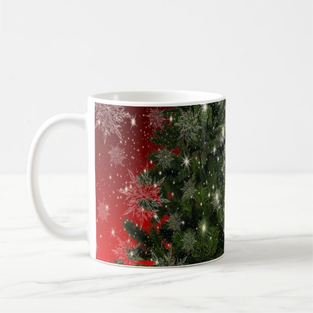 Christmas Party Green Tree Red Silver Snowflakes Coffee Mug (Left)