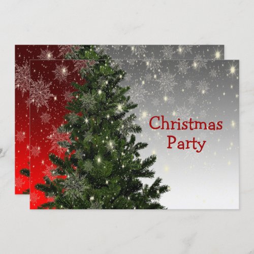 Christmas Party Green Tree Red Silver Snowflakes Invitation