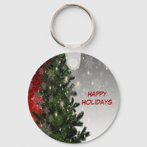 Christmas Party Green Tree Red Silver Snowflakes Keychain