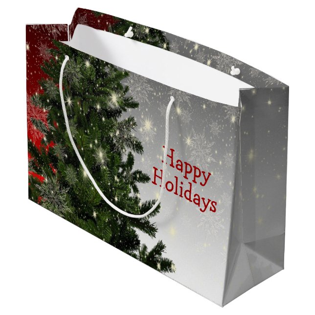Christmas Party Green Tree Red Silver Snowflakes Large Gift Bag (Back Angled)