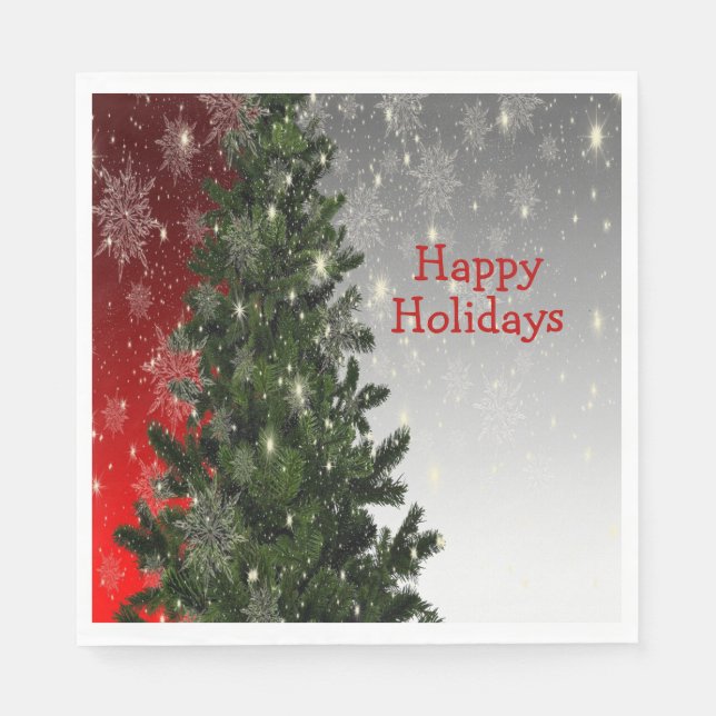 Christmas Party Green Tree Red Silver Snowflakes Napkins (Front)