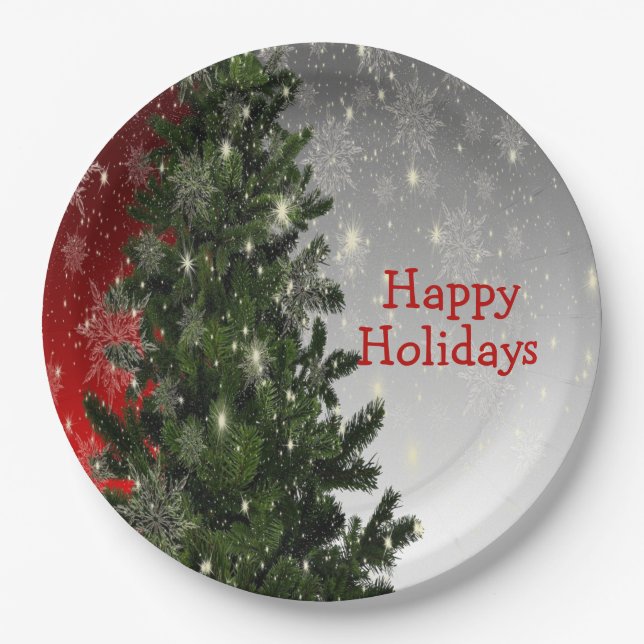 Christmas Party Green Tree Red Silver Snowflakes Paper Plates (Front)