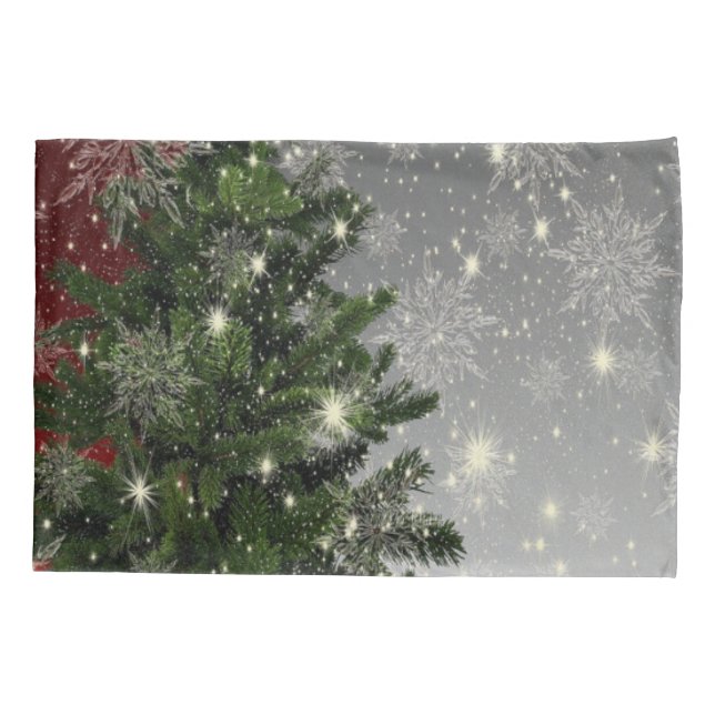Christmas Party Green Tree Red Silver Snowflakes Pillow Case (Back)