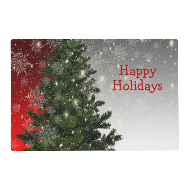 Christmas Party Green Tree Red Silver Snowflakes Placemat (Front)