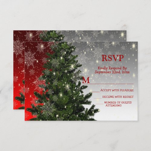 Christmas Party Green Tree Red Silver Snowflakes RSVP Card