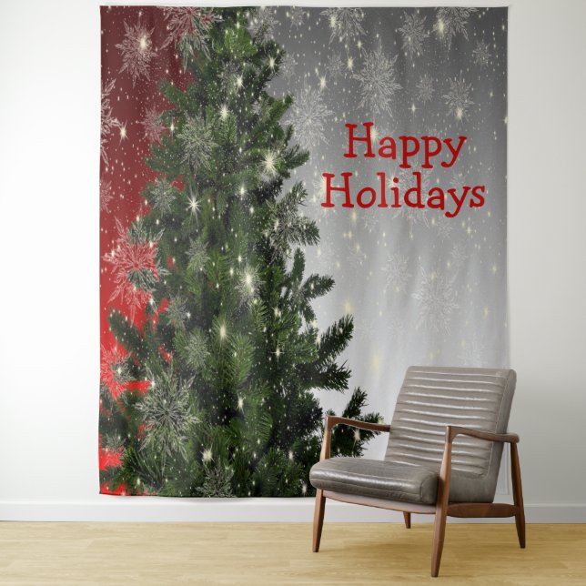 Christmas Party Green Tree Red Silver Snowflakes Tapestry (In Situ)