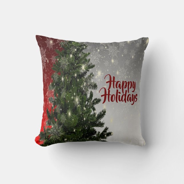 Christmas Party Green Tree Red Silver Snowflakes Throw Pillow (Front)