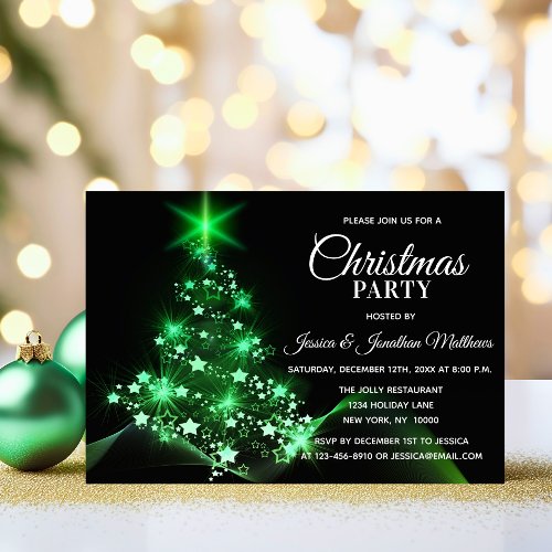 CHRISTMAS PARTY Green Twinkle Lights Snow Tree Invitation