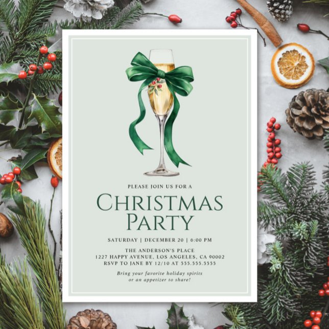 Christmas Party Holiday Cocktail Green Bow Modern Invitation (Creator Uploaded)