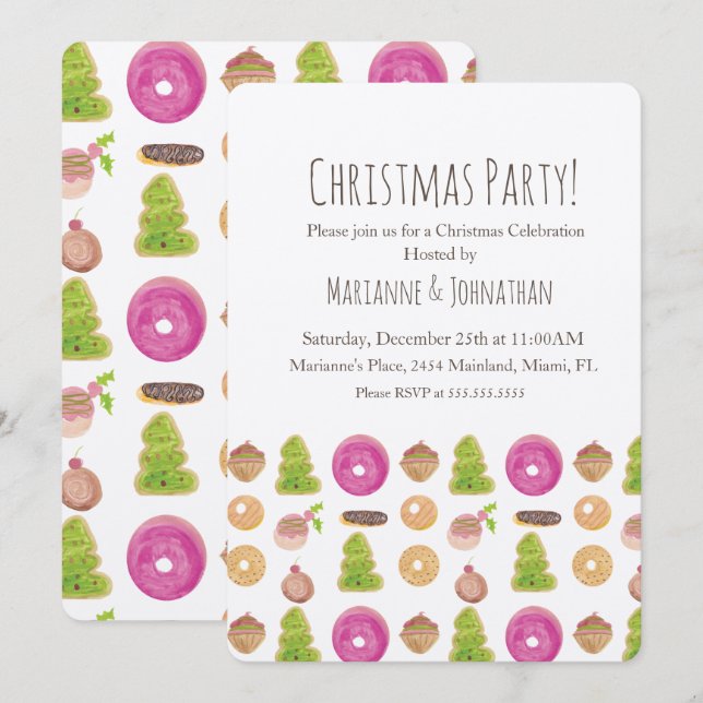 Christmas Party Holiday Cookies Hand Watercolored Invitation (Front/Back)