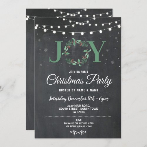 Christmas Party Holiday JOY Wreath Chalk Lights Invitation