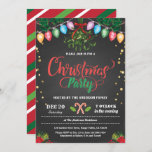 Christmas party holiday party chalkboard mistletoe invitation<br><div class="desc">[All text are editable,  except "christmas"]
Get this stylish design now!
Occasion: Christmas,  holiday party
Theme: Under the mistletoe
Style: modern,  chic,  cheerful,  fun
Colors: red,  white,  green,  festive colors,  faux gold 
Graphics: chalkboard background,  Christmas candy cane,  colorful Christmas string light,  mistletoe,  Christmas flower,  faux gold confetti</div>