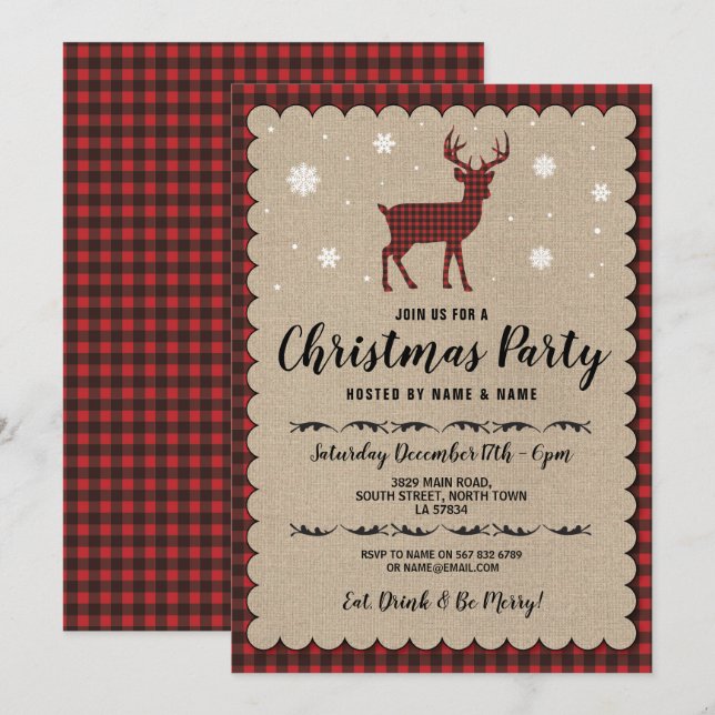 Christmas Party Holidays Deer Snowflake Red Check Invitation (Front/Back)