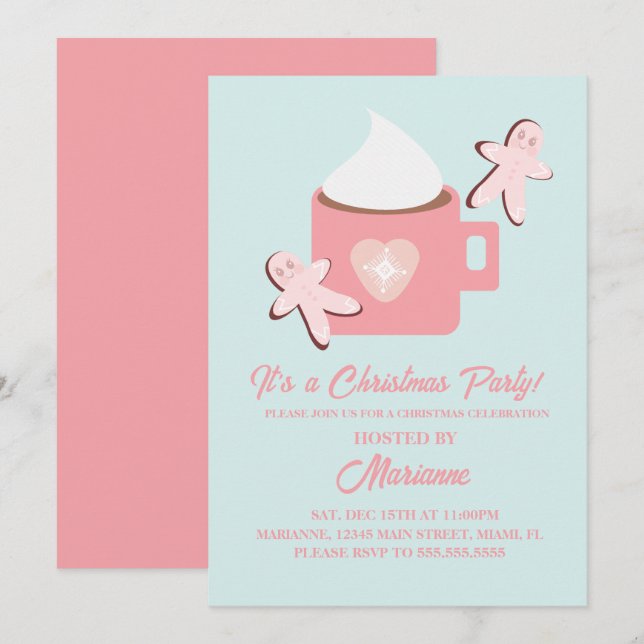 Christmas Party Hot Chocolate Mug Gingerbread Pink Invitation (Front/Back)