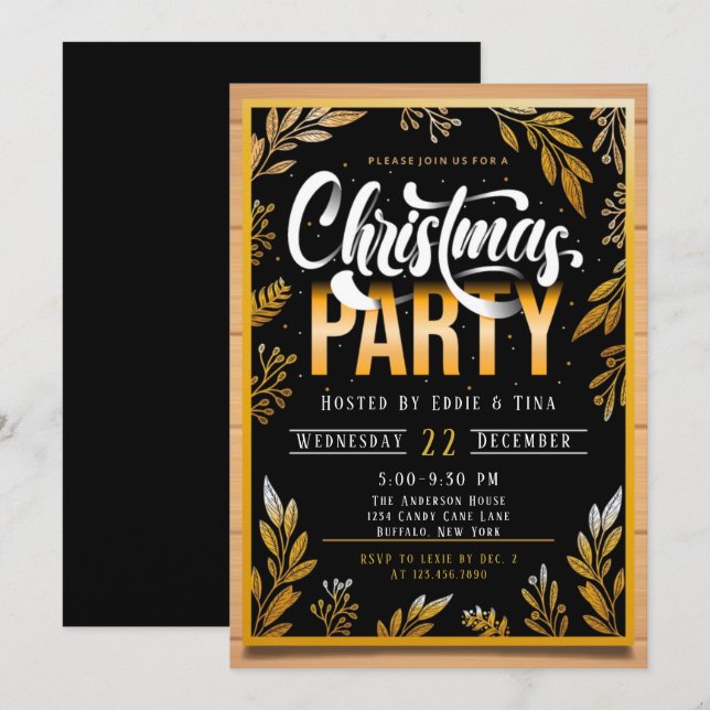 Christmas Party In Black and Gold Invitation (Front/Back)