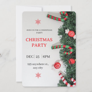 Christmas Party Invitation Candy Cane Greenery 