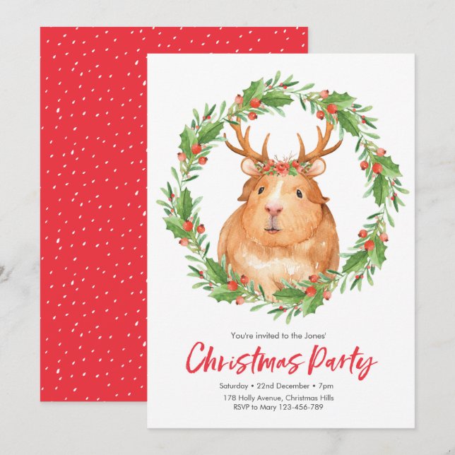 Christmas party Invitation | cute hamster wreath (Front/Back)