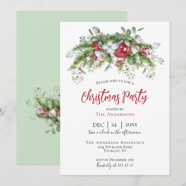 Christmas party invitation garland red green (Front/Back)