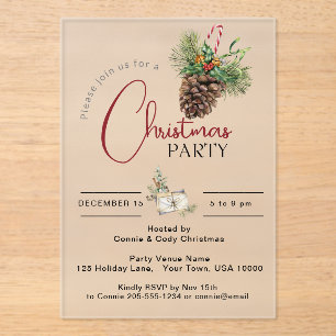 CHRISTMAS PARTY INVITATION, PINE CONE & CANDY CANE ACRYLIC INVITATIONS