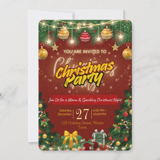 Christmas Party Invitation | Red & Gold Holiday  (Front)