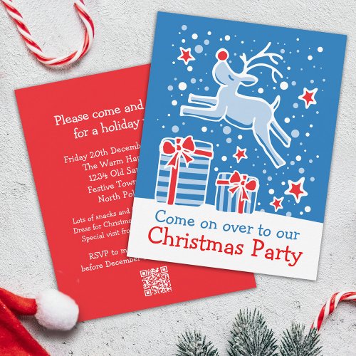 Christmas party invitation reindeer blue red