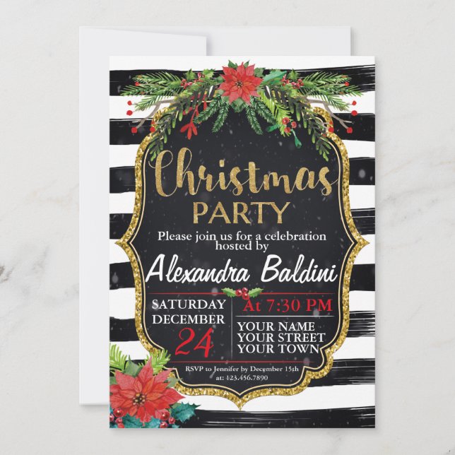 CHRISTMAS PARTY Invitation, stripes, floral Invitation (Front)