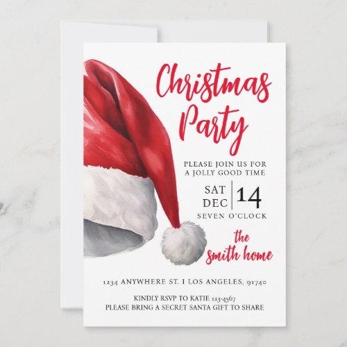 Christmas Party Invitation Watercolor Santa Hat