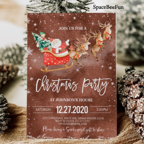 Christmas party invitation Winter Santa Reindeer