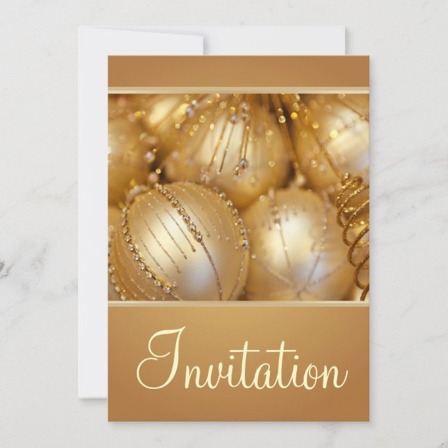 Christmas Party Invitation With Gold Ornaments (Front)