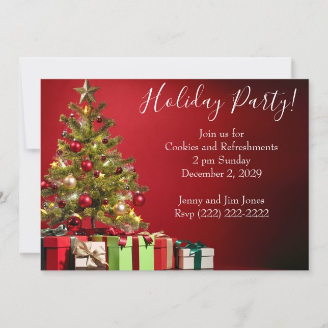 Christmas Party invitation with Tree and Gifts (Front)