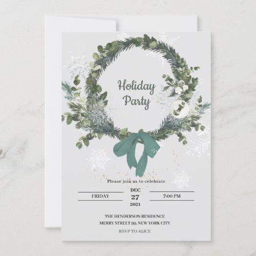 Christmas Party Invitation Wreath Snowflakes