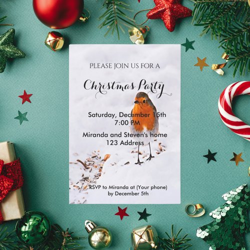 Christmas party invite card cute robin in snow