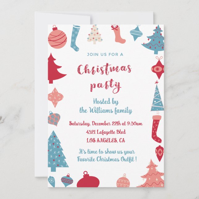 Christmas Party Invite Cute Pink and Blue (Front)