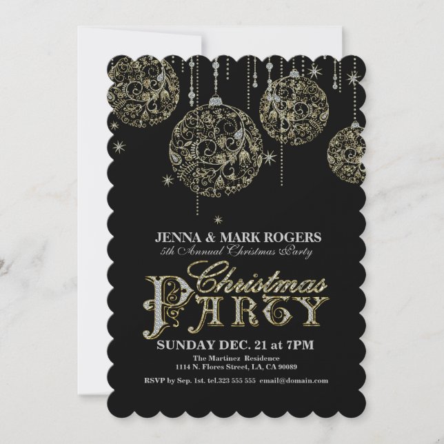 Christmas Party Invite Gold & Diamonds Glitter (Front)