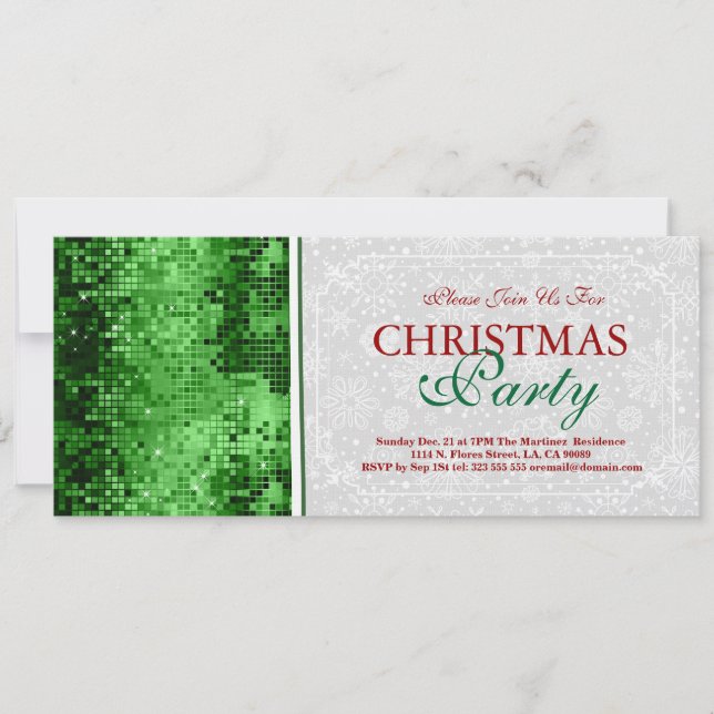 Christmas Party Invite Green Disco Glitter (Front)
