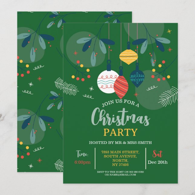 Christmas Party Invite Green Festive Party Bauble  (Front/Back)