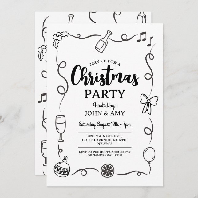 Christmas Party Invite Hand Drawn Monochrome  (Front/Back)