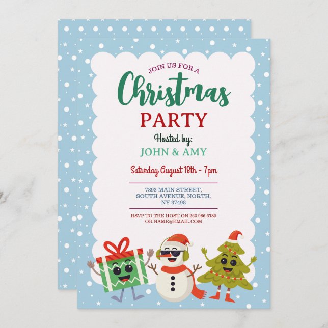 Christmas Party Invite Snowman Christmas Tree (Front/Back)