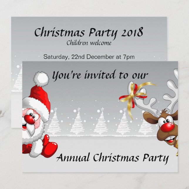 Christmas party invite with cartoon santa reindeer (Front/Back)