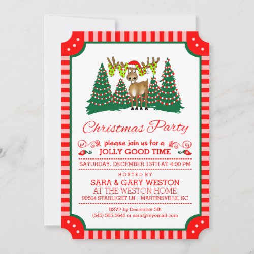 Christmas Party Jolly Good Time Reindeer Red White Invitation