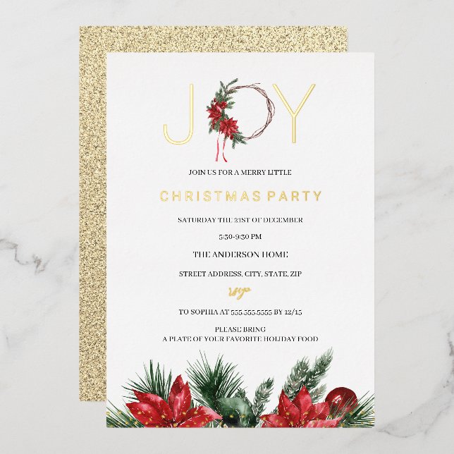 Christmas Party Joy Foliage Wreath Foil Invitation (Front/Back)