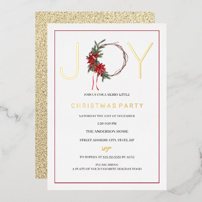 Christmas Party Joy Red Foliage Wreath  Foil Invitation (Front/Back)