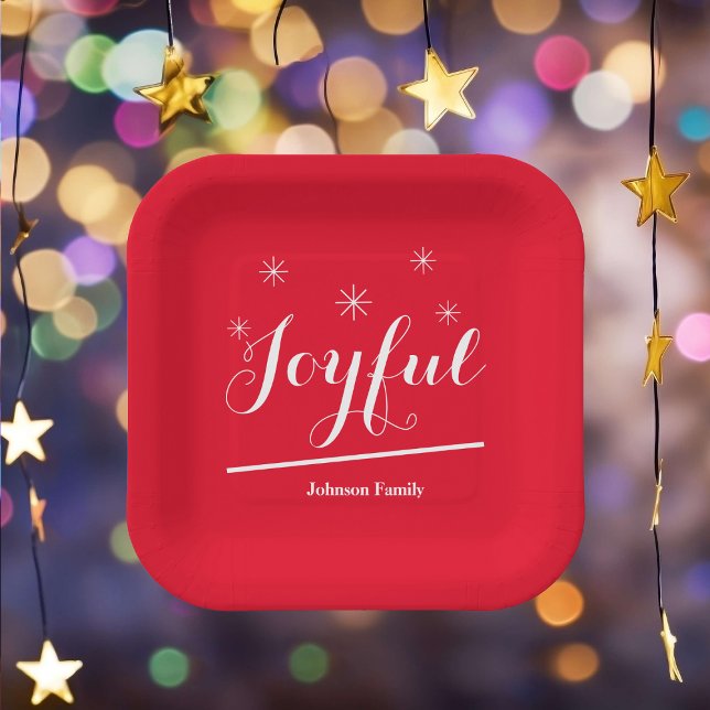 Christmas Party Joyful Script Name Modern Red Paper Plates (Spice things up with these "Joyful" red paper plates.)