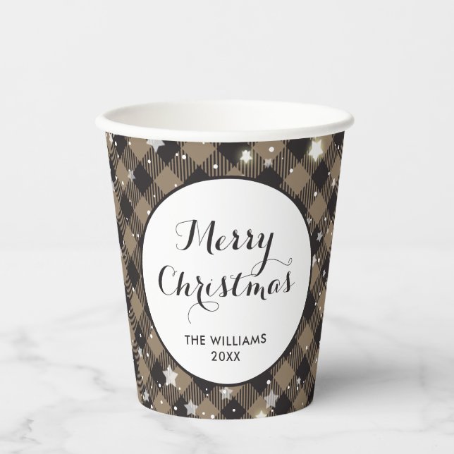 Christmas Party Khaki Buffalo Plaid Paper Cups (Front)