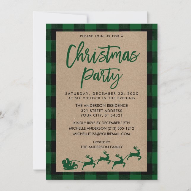 Christmas Party Kraft Green Tartan Invitation (Front)