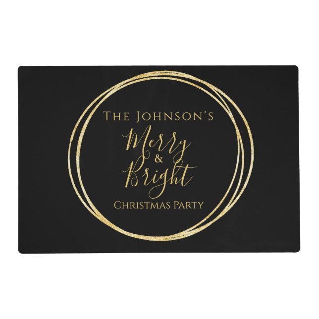 Christmas Party Merry and Bright Black Gold Placemat (Front)
