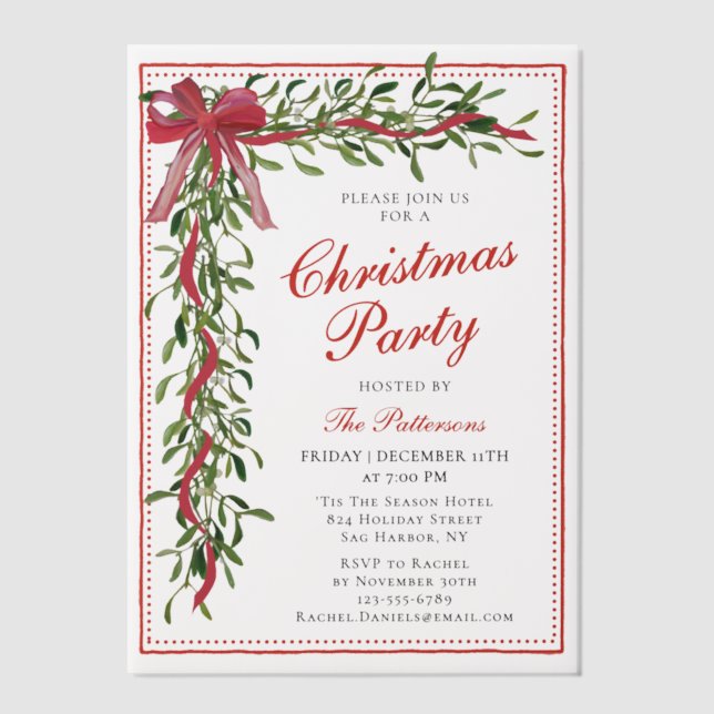 Christmas Party Mistletoe Bow Modern Holiday Party Vellum Invitations (Front)