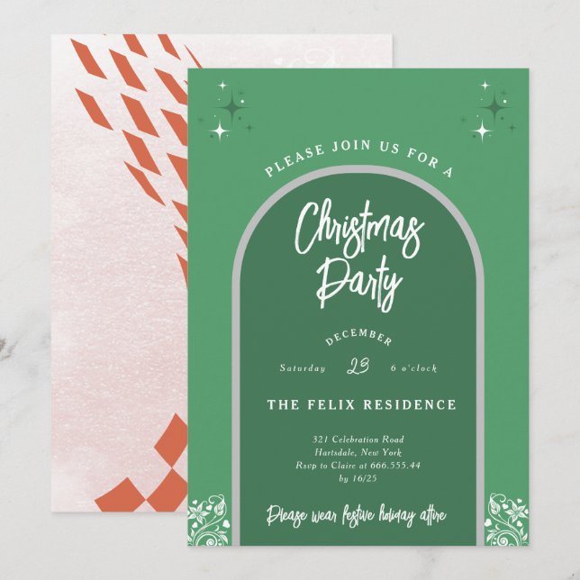 Christmas Party Modern Arch in Green Invitation (Front/Back)