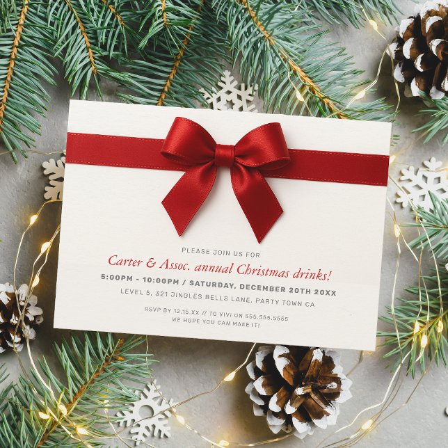 CHRISTMAS PARTY modern elegant red ribbon bow Holiday Card (Creator Uploaded)